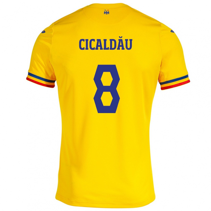 Kandiny Gyermek Románia Alexandru Cicâldău #8 Sárga Hazai Jersey 24-26 Mez Póló Ing