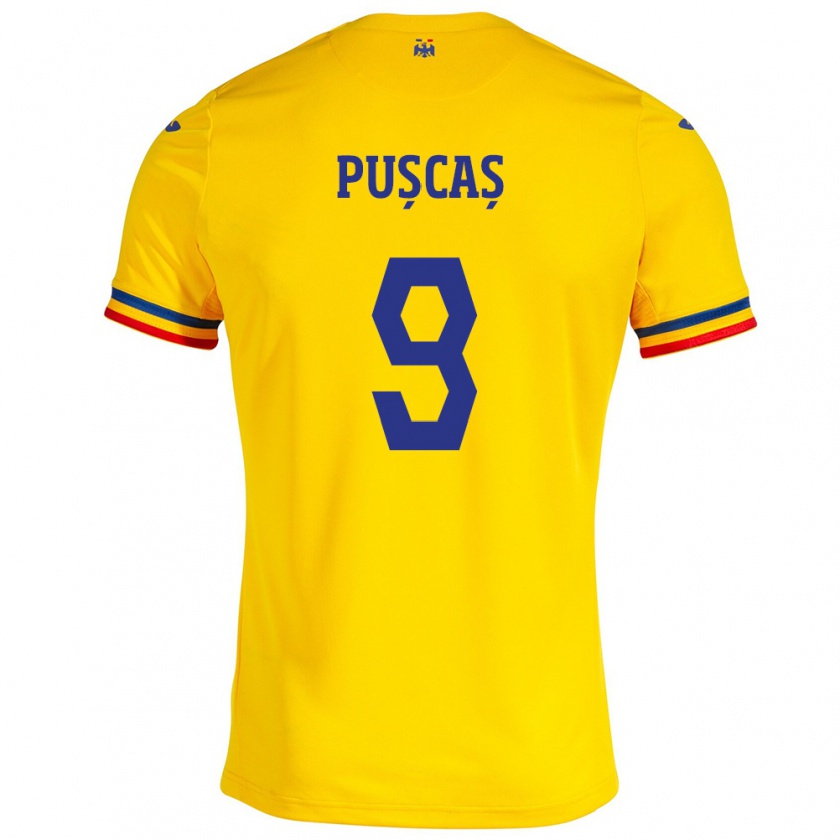 Kandiny Gyermek Románia George Pușcaș #9 Sárga Hazai Jersey 24-26 Mez Póló Ing