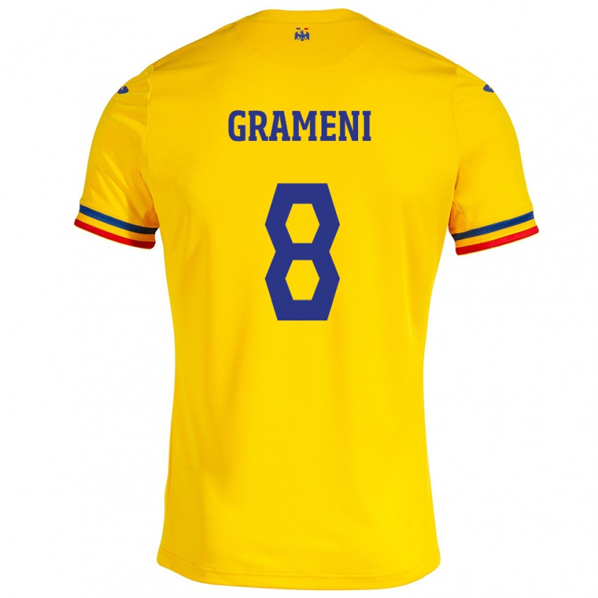 Kandiny Gyermek Románia Constantin Grameni #8 Sárga Hazai Jersey 24-26 Mez Póló Ing