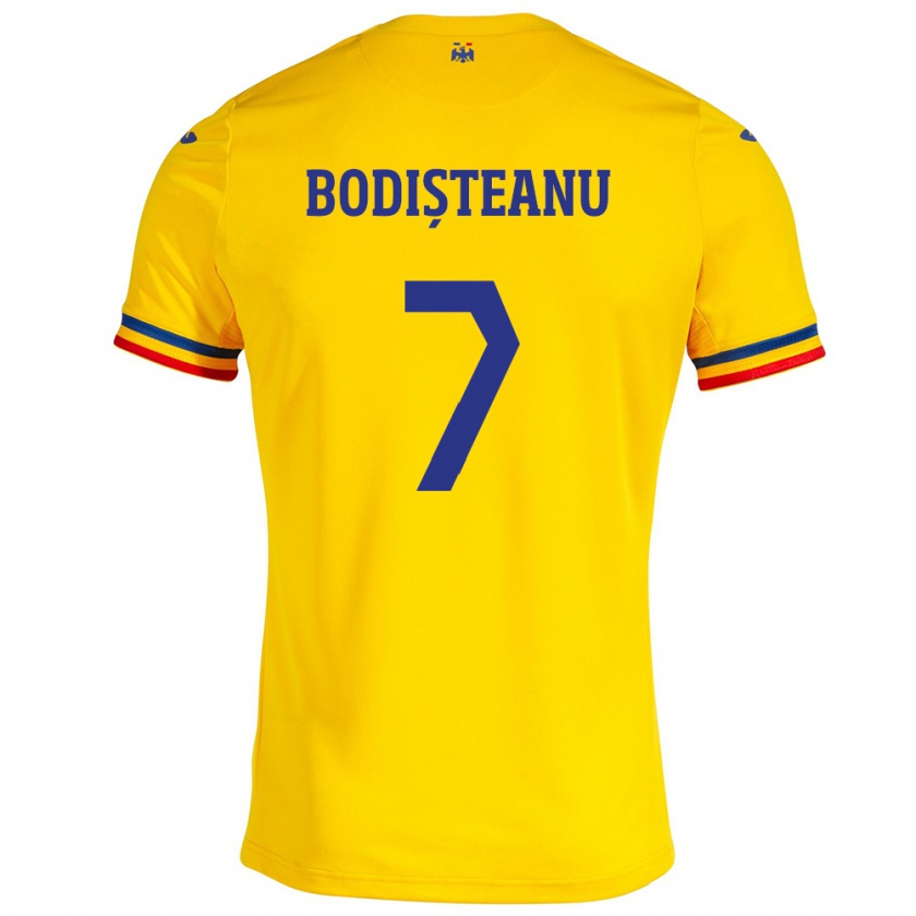 Kandiny Gyermek Románia Ștefan Bodișteanu #7 Sárga Hazai Jersey 24-26 Mez Póló Ing