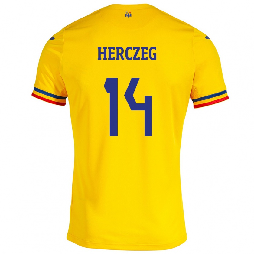 Kandiny Gyermek Románia Andrea Herczeg #14 Sárga Hazai Jersey 24-26 Mez Póló Ing