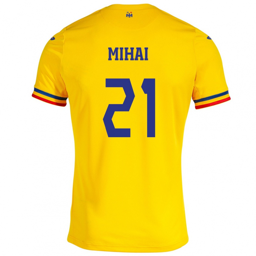 Kandiny Férfi Románia Cristian Mihai #21 Sárga Hazai Jersey 24-26 Mez Póló Ing