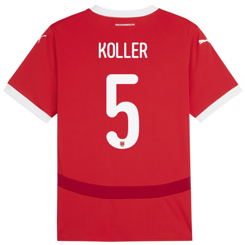 Kandiny Gyermek Ausztria Paul Koller #5 Piros Hazai Jersey 24-26 Mez Póló Ing