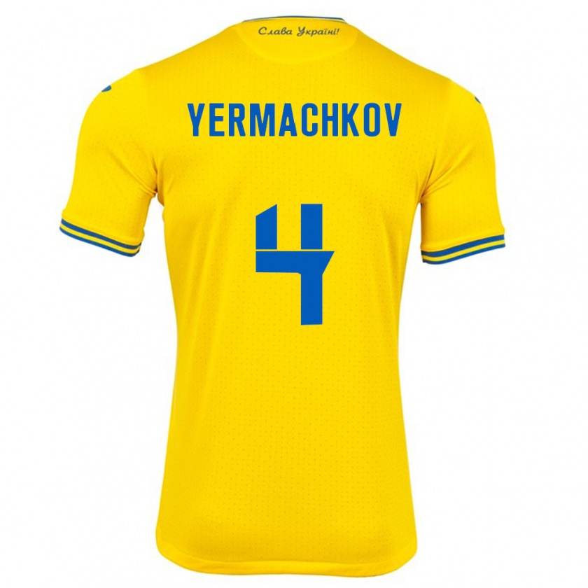 Kandiny Gyermek Ukrajna Ivan Yermachkov #4 Sárga Hazai Jersey 24-26 Mez Póló Ing