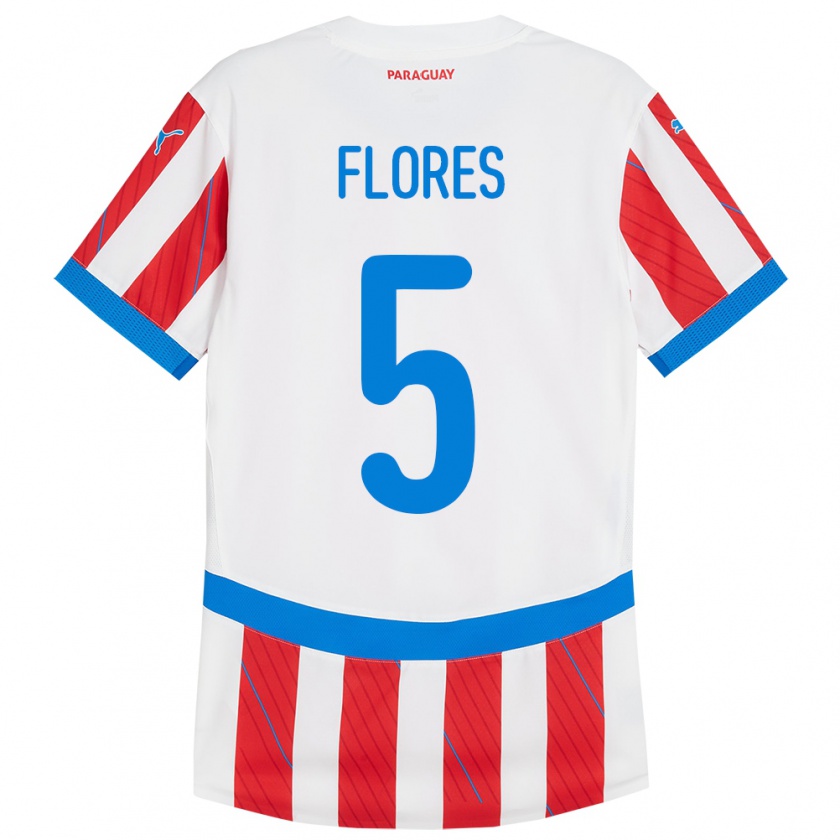 Kandiny Gyermek Paraguay Gilberto Flores #5 Fehér Piros Hazai Jersey 24-26 Mez Póló Ing