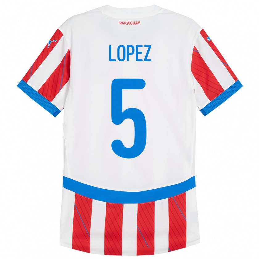 Kandiny Gyermek Paraguay Óscar López #5 Fehér Piros Hazai Jersey 24-26 Mez Póló Ing