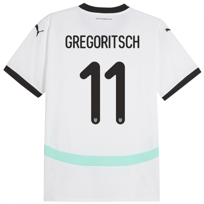 Kandiny Gyermek Ausztria Michael Gregoritsch #11 Fehér Idegenbeli Jersey 24-26 Mez Póló Ing