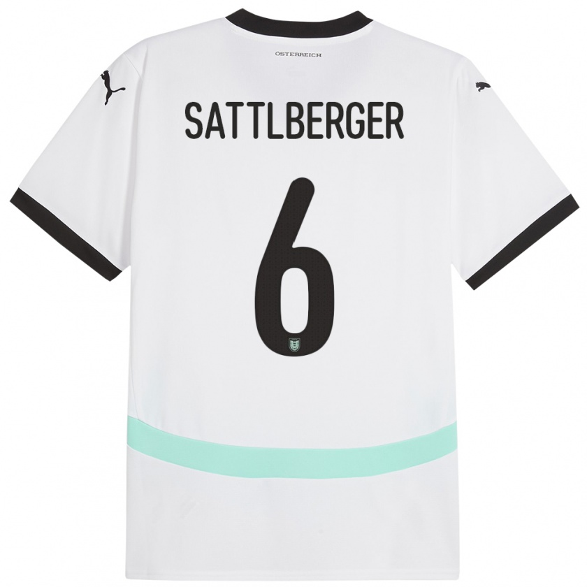 Kandiny Gyermek Ausztria Nikolas Sattlberger #6 Fehér Idegenbeli Jersey 24-26 Mez Póló Ing