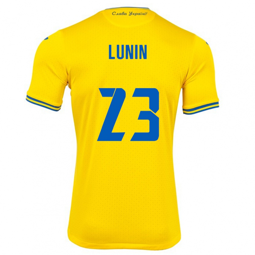 Kandiny Férfi Ukrajna Andriy Lunin #23 Sárga Hazai Jersey 24-26 Mez Póló Ing