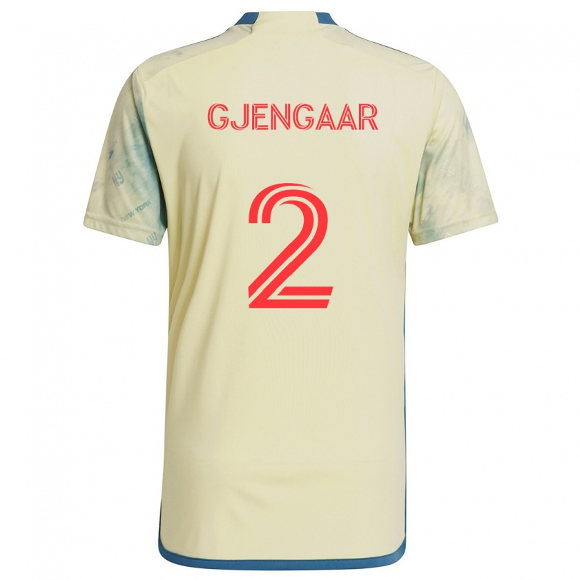 Kandiny Gyermek Dennis Gjengaar #2 Sárga Piros Kék Hazai Jersey 2024/25 Mez Póló Ing