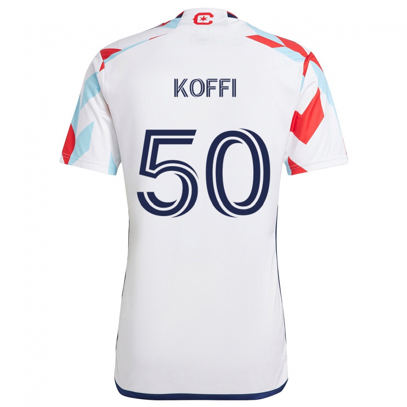 Kandiny Gyermek Christian Koffi #50 Fehér Piros Kék Idegenbeli Jersey 2024/25 Mez Póló Ing