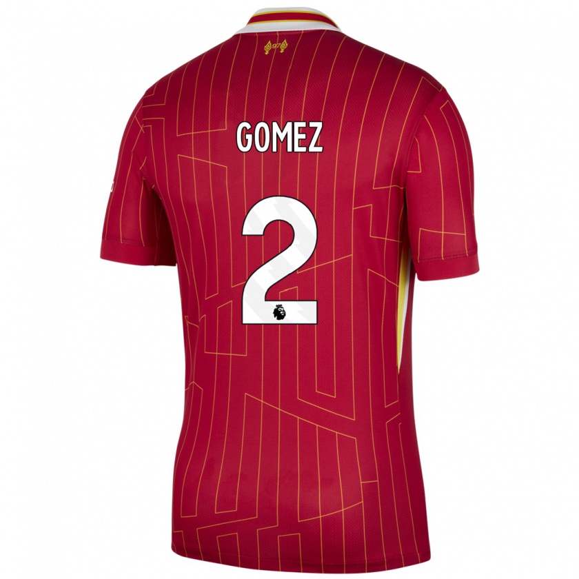 Kandiny Gyermek Joe Gomez #2 Piros Sárga Fehér Hazai Jersey 2024/25 Mez Póló Ing