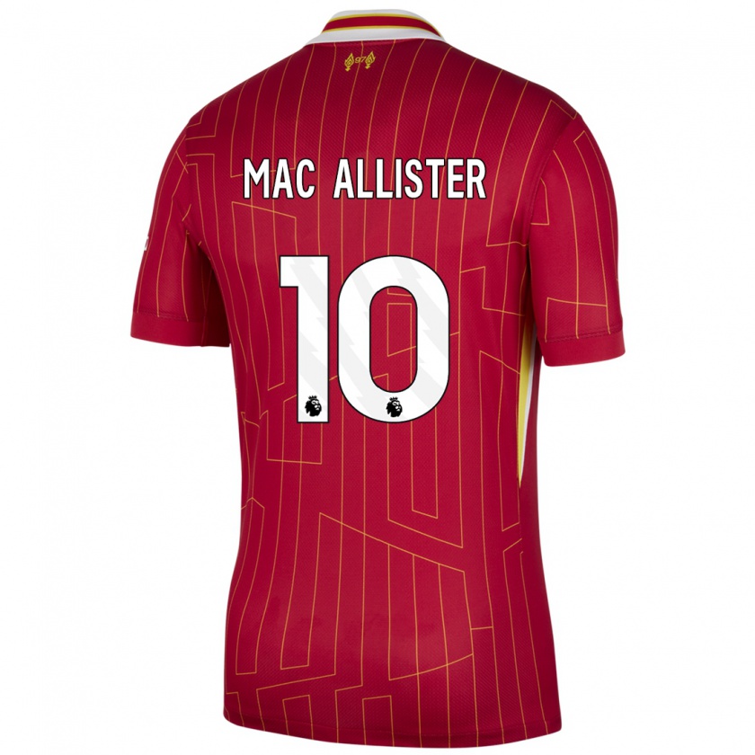 Kandiny Gyermek Alexis Mac Allister #10 Piros Sárga Fehér Hazai Jersey 2024/25 Mez Póló Ing