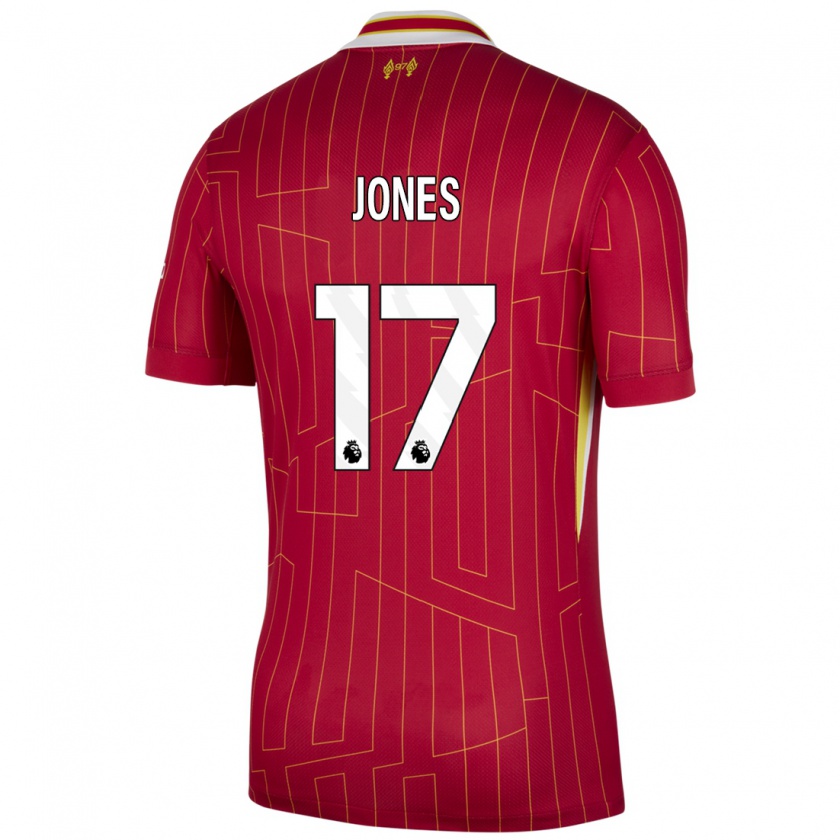 Kandiny Gyermek Curtis Jones #17 Piros Sárga Fehér Hazai Jersey 2024/25 Mez Póló Ing