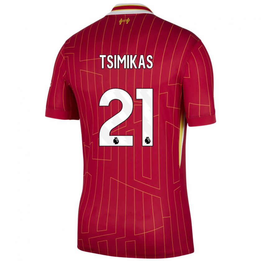 Kandiny Gyermek Konstantinos Tsimikas #21 Piros Sárga Fehér Hazai Jersey 2024/25 Mez Póló Ing