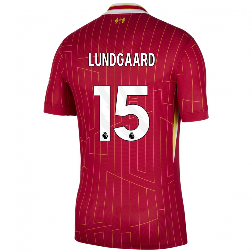 Kandiny Gyermek Sofie Lundgaard #15 Piros Sárga Fehér Hazai Jersey 2024/25 Mez Póló Ing