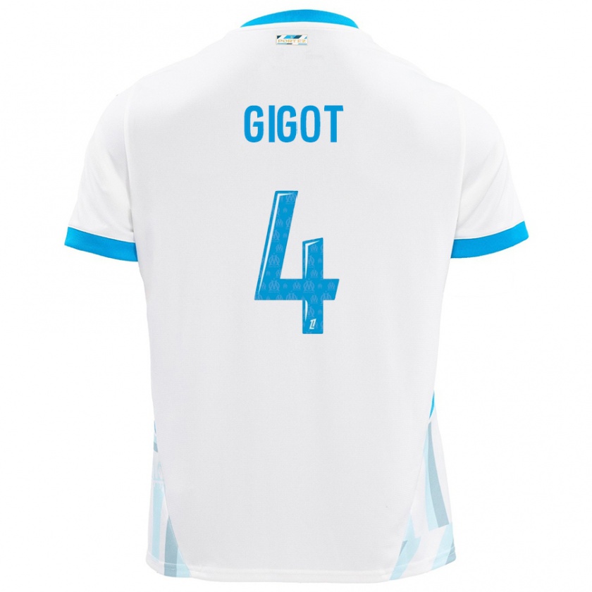 Kandiny Gyermek Samuel Gigot #4 Fehér Ég Kék Hazai Jersey 2024/25 Mez Póló Ing