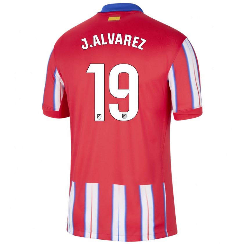 Kandiny Gyermek Julián Alvarez #19 Piros Fehér Kék Hazai Jersey 2024/25 Mez Póló Ing