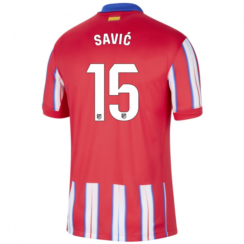 Kandiny Gyermek Stefan Savic #15 Piros Fehér Kék Hazai Jersey 2024/25 Mez Póló Ing