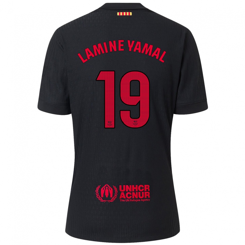 Kandiny Gyermek Lamine Yamal #19 Fekete Piros Idegenbeli Jersey 2024/25 Mez Póló Ing