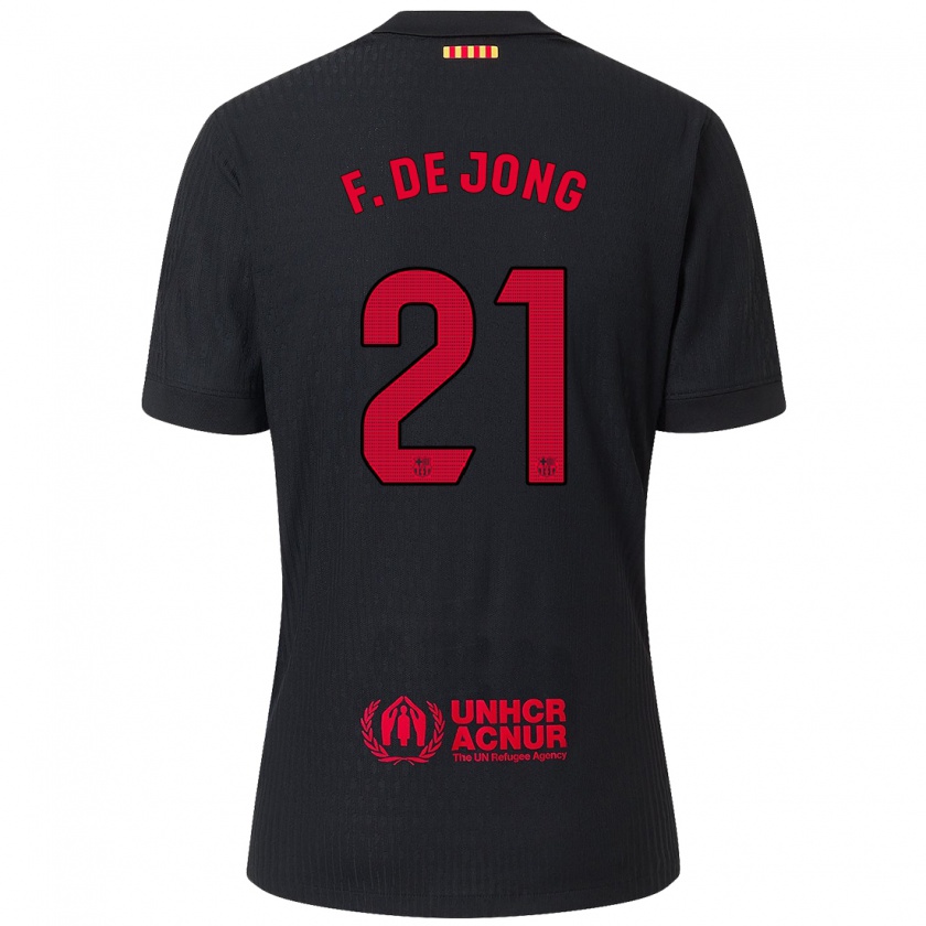 Kandiny Gyermek Frenkie De Jong #21 Fekete Piros Idegenbeli Jersey 2024/25 Mez Póló Ing