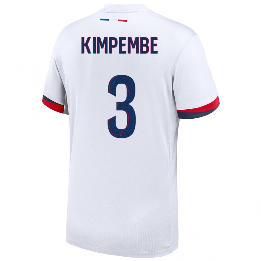 Kandiny Gyermek Presnel Kimpembe #3 Fehér Kék Piros Idegenbeli Jersey 2024/25 Mez Póló Ing