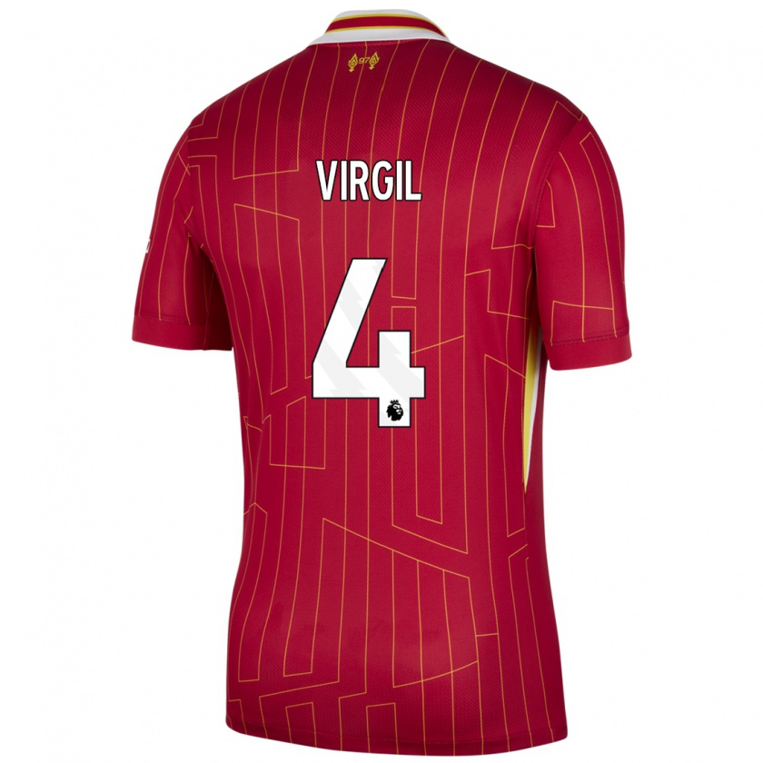 Kandiny Férfi Virgil Van Dijk #4 Piros Sárga Fehér Hazai Jersey 2024/25 Mez Póló Ing