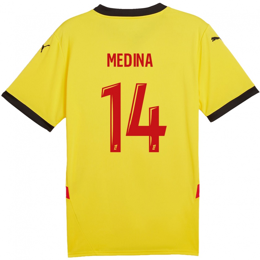 Kandiny Gyermek Facundo Medina #14 Sárga Piros Hazai Jersey 2024/25 Mez Póló Ing