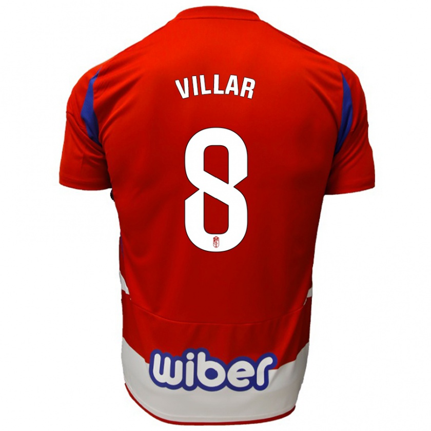 Kandiny Gyermek Gonzalo Villar #8 Piros Fehér Kék Hazai Jersey 2024/25 Mez Póló Ing