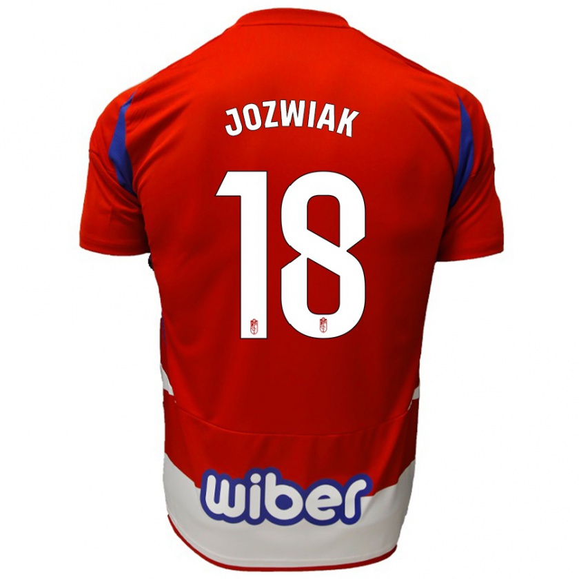 Kandiny Gyermek Kamil Jóźwiak #18 Piros Fehér Kék Hazai Jersey 2024/25 Mez Póló Ing