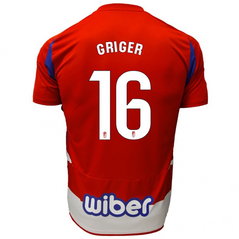 Kandiny Gyermek Adam Griger #16 Piros Fehér Kék Hazai Jersey 2024/25 Mez Póló Ing