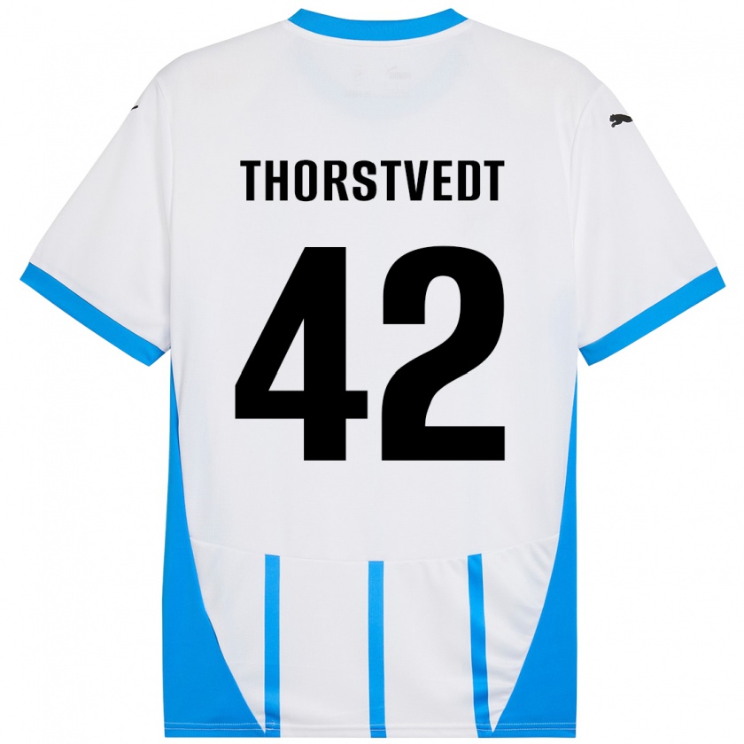 Kandiny Gyermek Kristian Thorstvedt #42 Fehér Kék Idegenbeli Jersey 2024/25 Mez Póló Ing