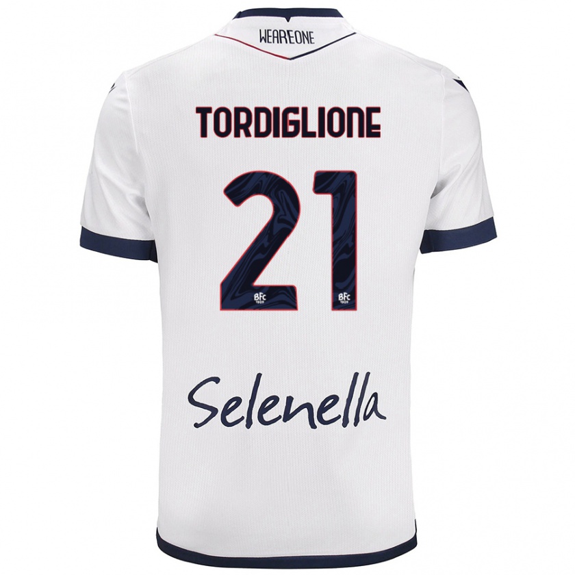 Kandiny Gyermek Nicolò Tordiglione #21 Fehér Royal Blue Idegenbeli Jersey 2024/25 Mez Póló Ing