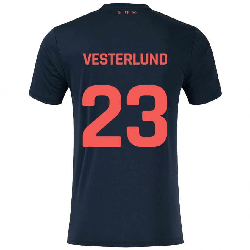 Kandiny Gyermek Niklas Vesterlund #23 Fekete Piros Idegenbeli Jersey 2024/25 Mez Póló Ing