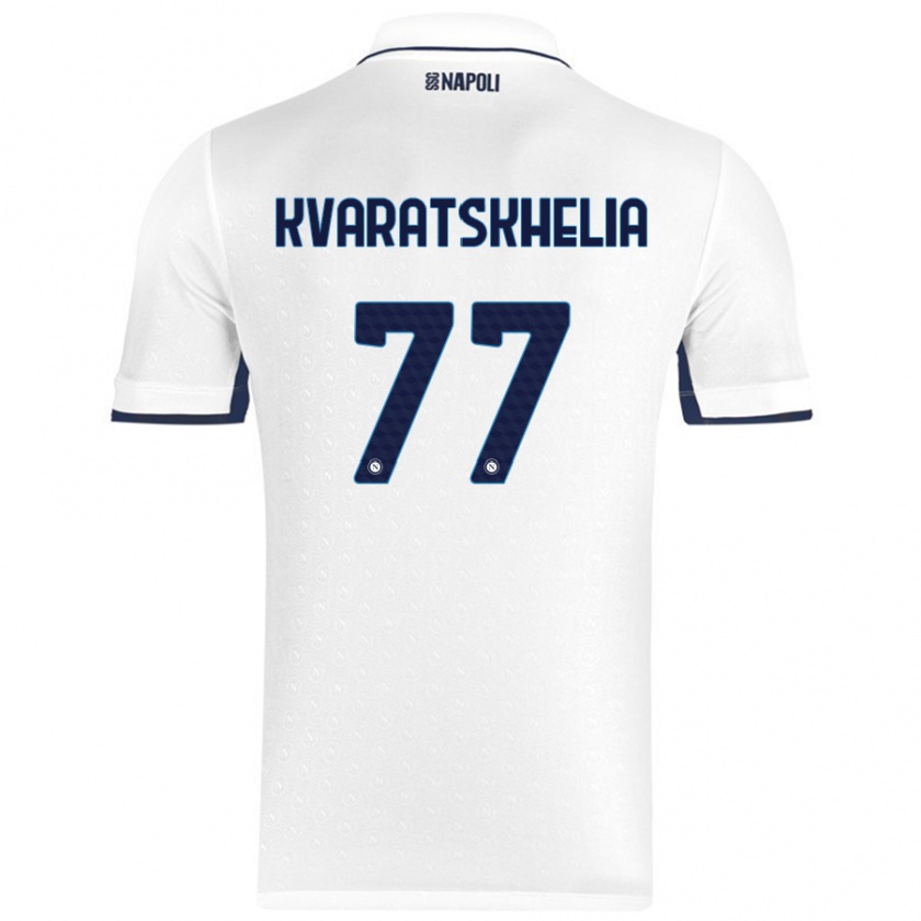 Kandiny Gyermek Khvicha Kvaratskhelia #77 Fehér Royal Blue Idegenbeli Jersey 2024/25 Mez Póló Ing