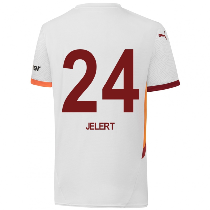 Kandiny Gyermek Elias Jelert #24 Fehér Sárga Piros Idegenbeli Jersey 2024/25 Mez Póló Ing