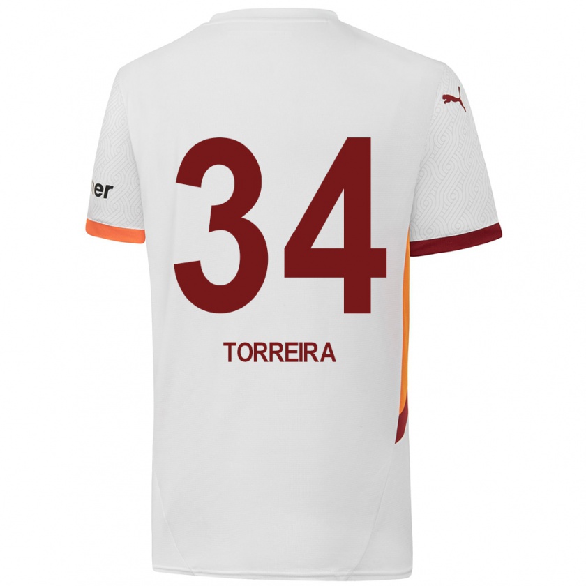 Kandiny Gyermek Lucas Torreira #34 Fehér Sárga Piros Idegenbeli Jersey 2024/25 Mez Póló Ing