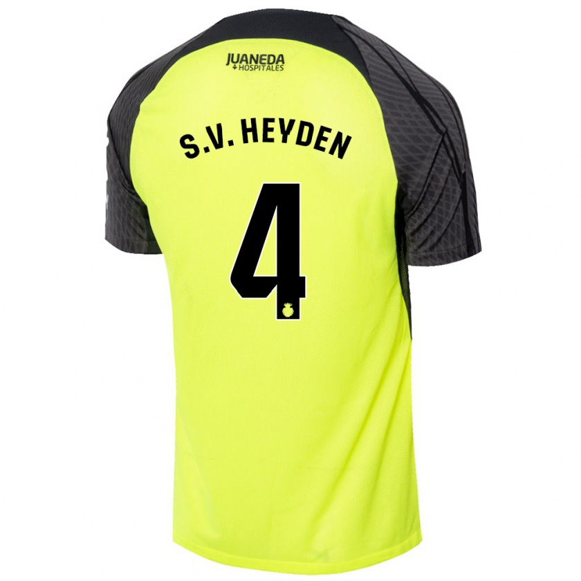 Kandiny Gyermek Siebe Van Der Heyden #4 Fluoreszkáló Zöld Fekete Idegenbeli Jersey 2024/25 Mez Póló Ing