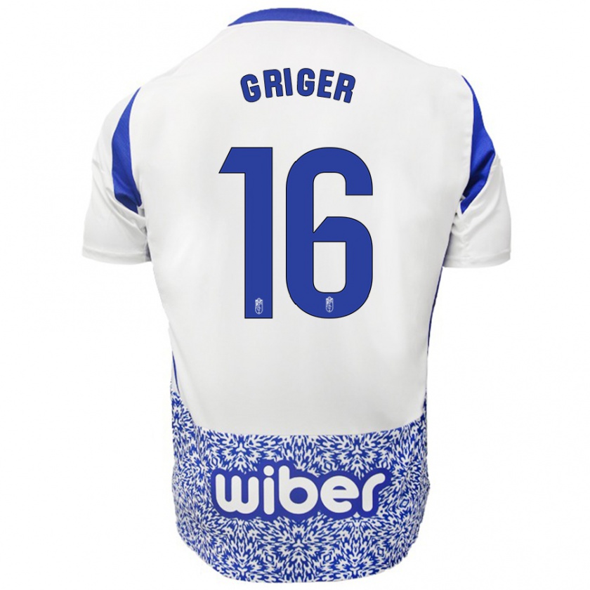 Kandiny Gyermek Adam Griger #16 Fehér Kék Idegenbeli Jersey 2024/25 Mez Póló Ing