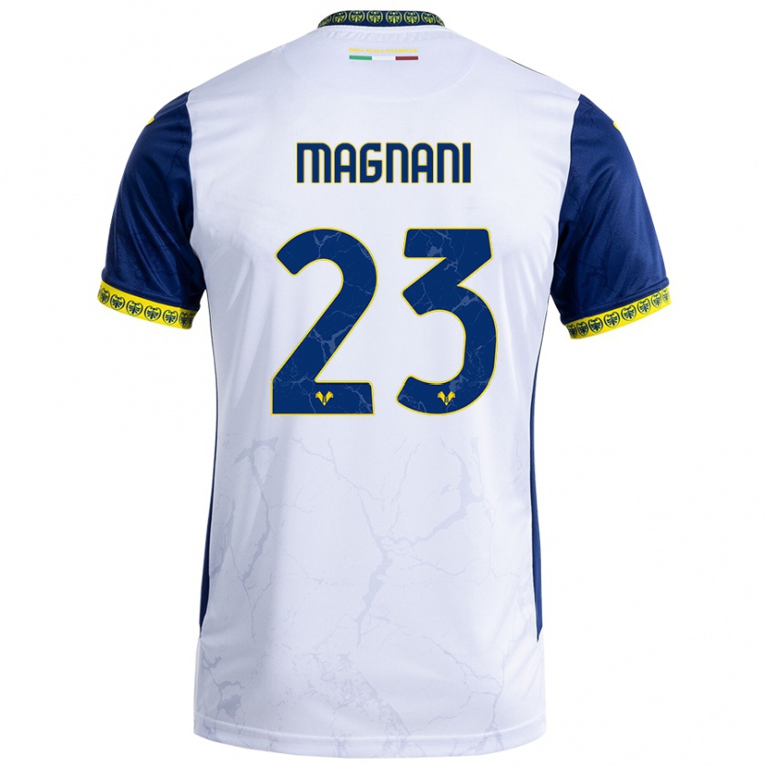 Kandiny Gyermek Giangiacomo Magnani #23 Fehér Kék Idegenbeli Jersey 2024/25 Mez Póló Ing