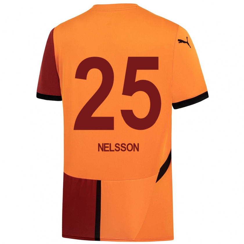 Kandiny Férfi Victor Nelsson #25 Sárga Piros Hazai Jersey 2024/25 Mez Póló Ing