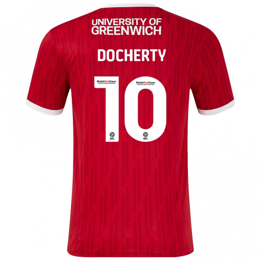 Kandiny Gyermek Greg Docherty #10 Piros Fehér Hazai Jersey 2024/25 Mez Póló Ing