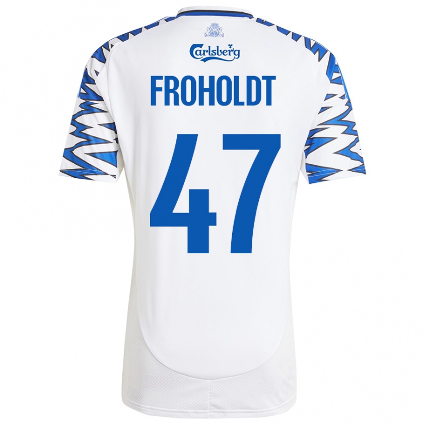 Kandiny Gyermek Victor Froholdt #47 Fehér Ég Kék Hazai Jersey 2024/25 Mez Póló Ing