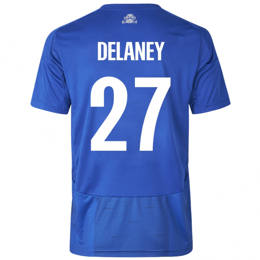 Kandiny Gyermek Thomas Delaney #27 Fehér Kék Idegenbeli Jersey 2024/25 Mez Póló Ing