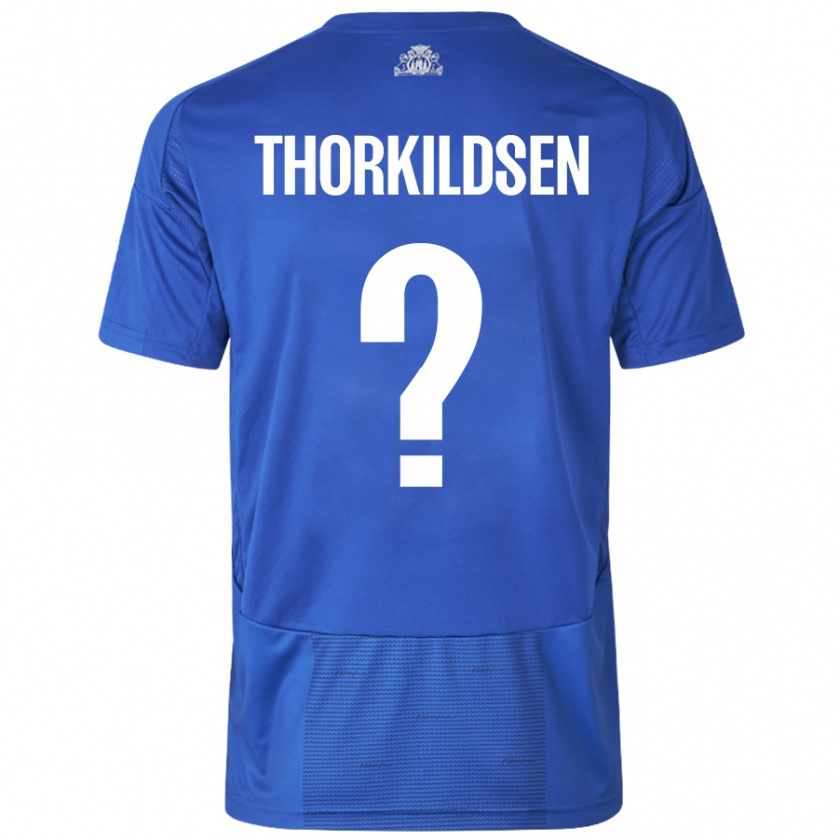 Kandiny Gyermek Elias Thorkildsen #0 Fehér Kék Idegenbeli Jersey 2024/25 Mez Póló Ing