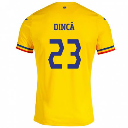 Kandiny Gyermek Románia David Dincă #23 Sárga Hazai Jersey 24-26 Mez Póló Ing