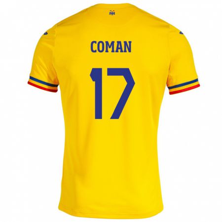 Kandiny Férfi Románia Florinel Coman #17 Sárga Hazai Jersey 24-26 Mez Póló Ing