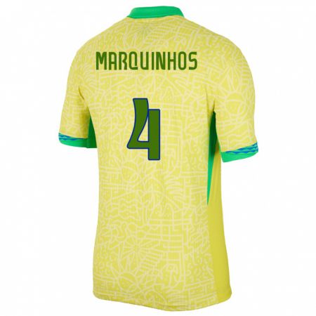 Kandiny Gyermek Brazília Marquinhos #4 Sárga Hazai Jersey 24-26 Mez Póló Ing