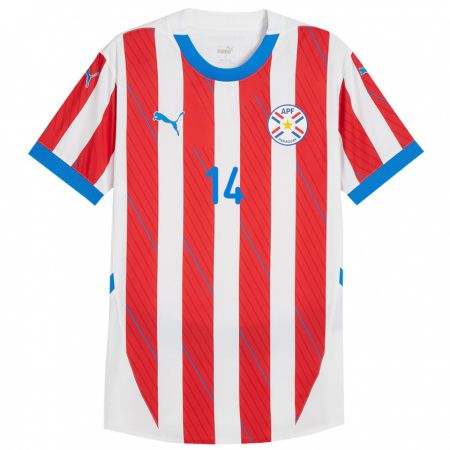 Kandiny Gyermek Paraguay Fernando Román #14 Fehér Piros Hazai Jersey 24-26 Mez Póló Ing