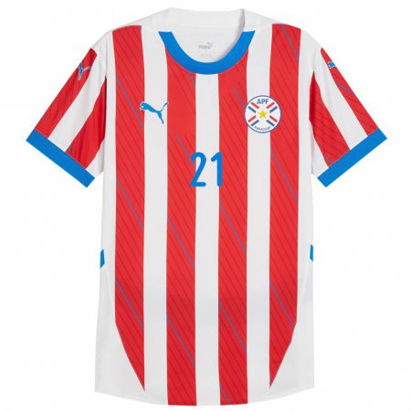 Kandiny Gyermek Paraguay Fiorela Martínez #21 Fehér Piros Hazai Jersey 24-26 Mez Póló Ing